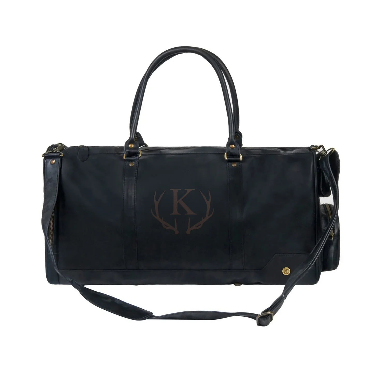 Laser Personalized Black Leather Overnight Bag